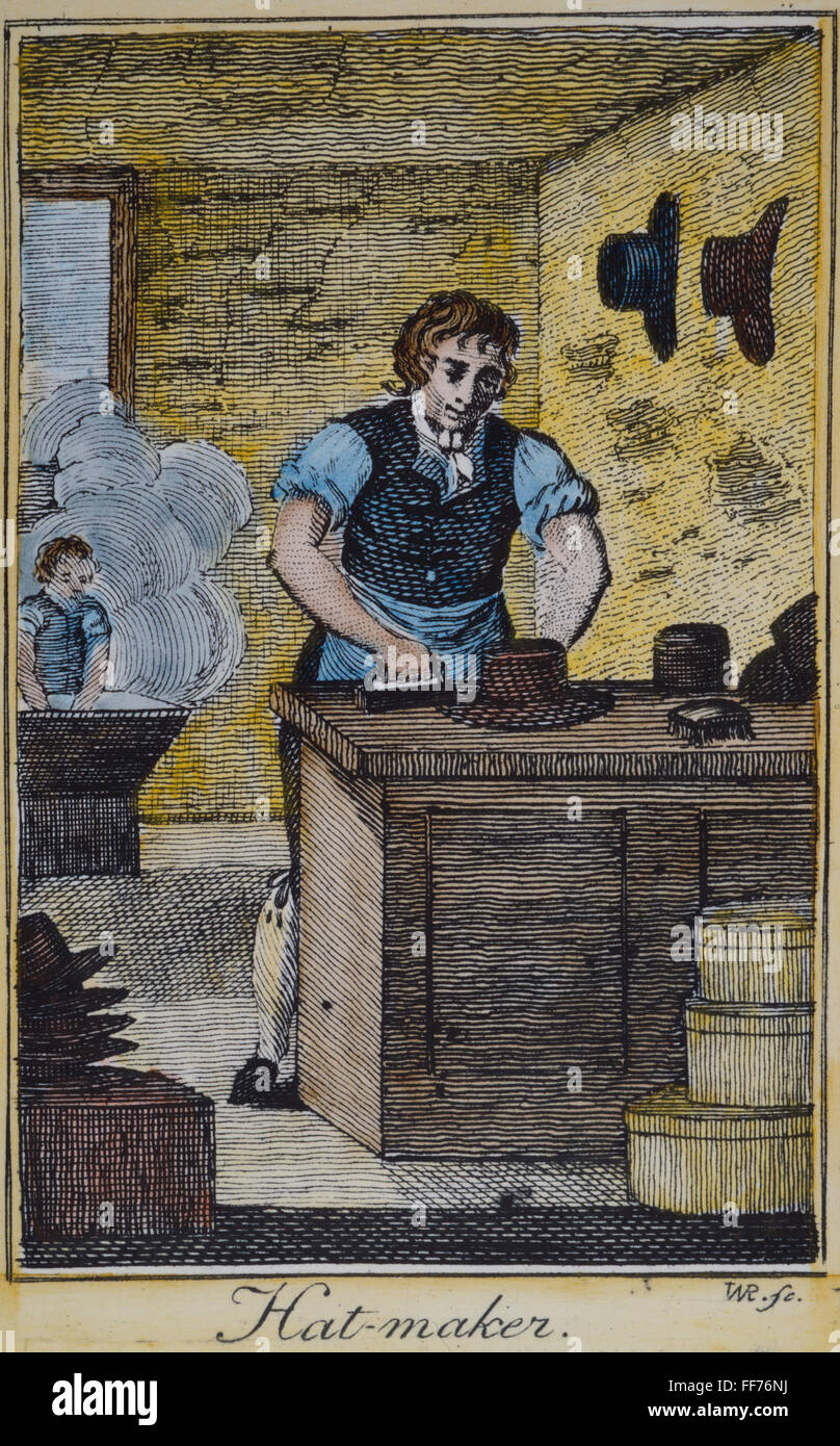 COLONIAL HATTER. /nA colonail American hatter: colored line engraving, late 18th century. Stock Photo