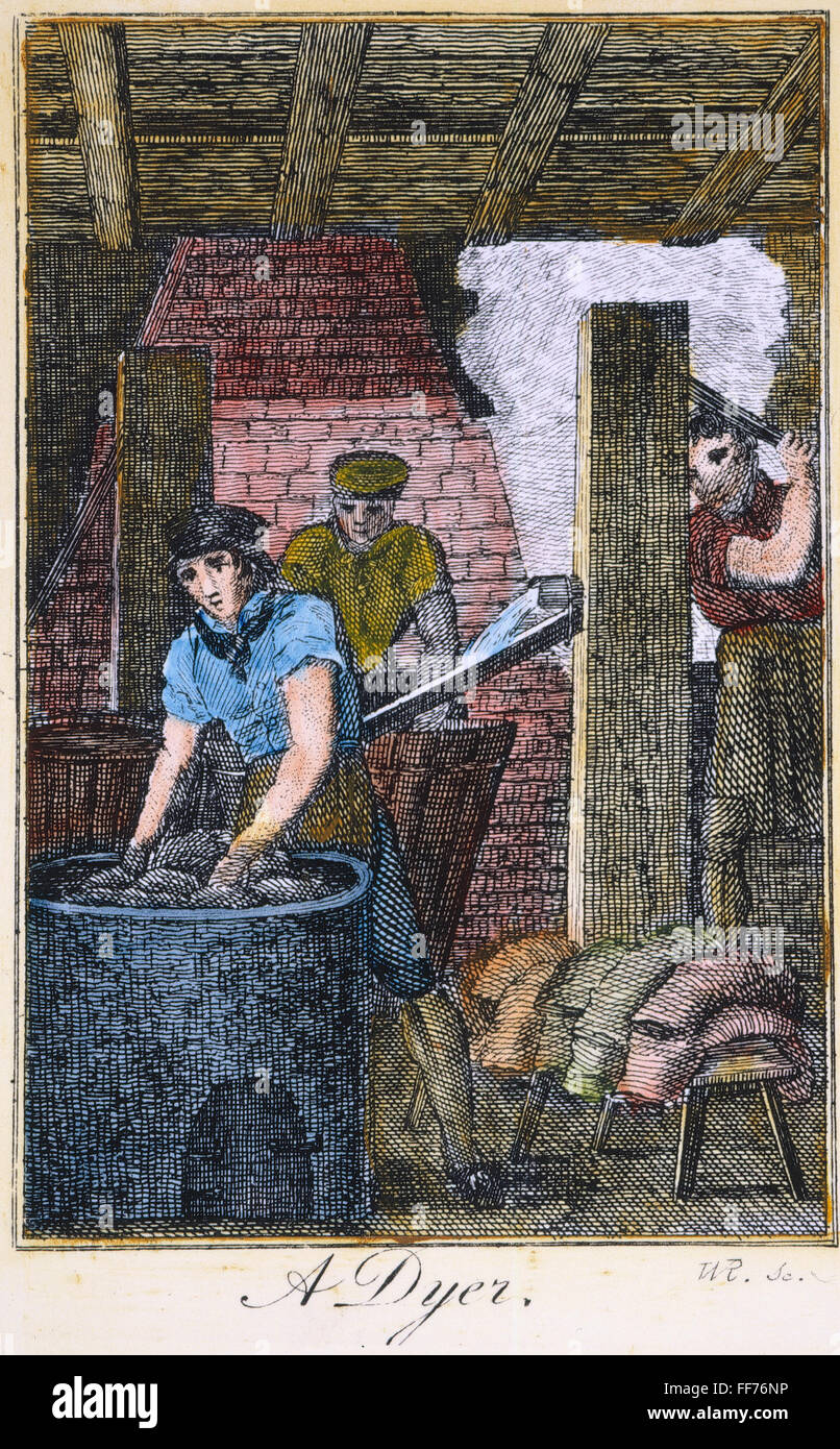 COLONIAL DYER, 18th C. /nA colonial American dyer assisted by indentured servants: engraving, late 18th century. Stock Photo