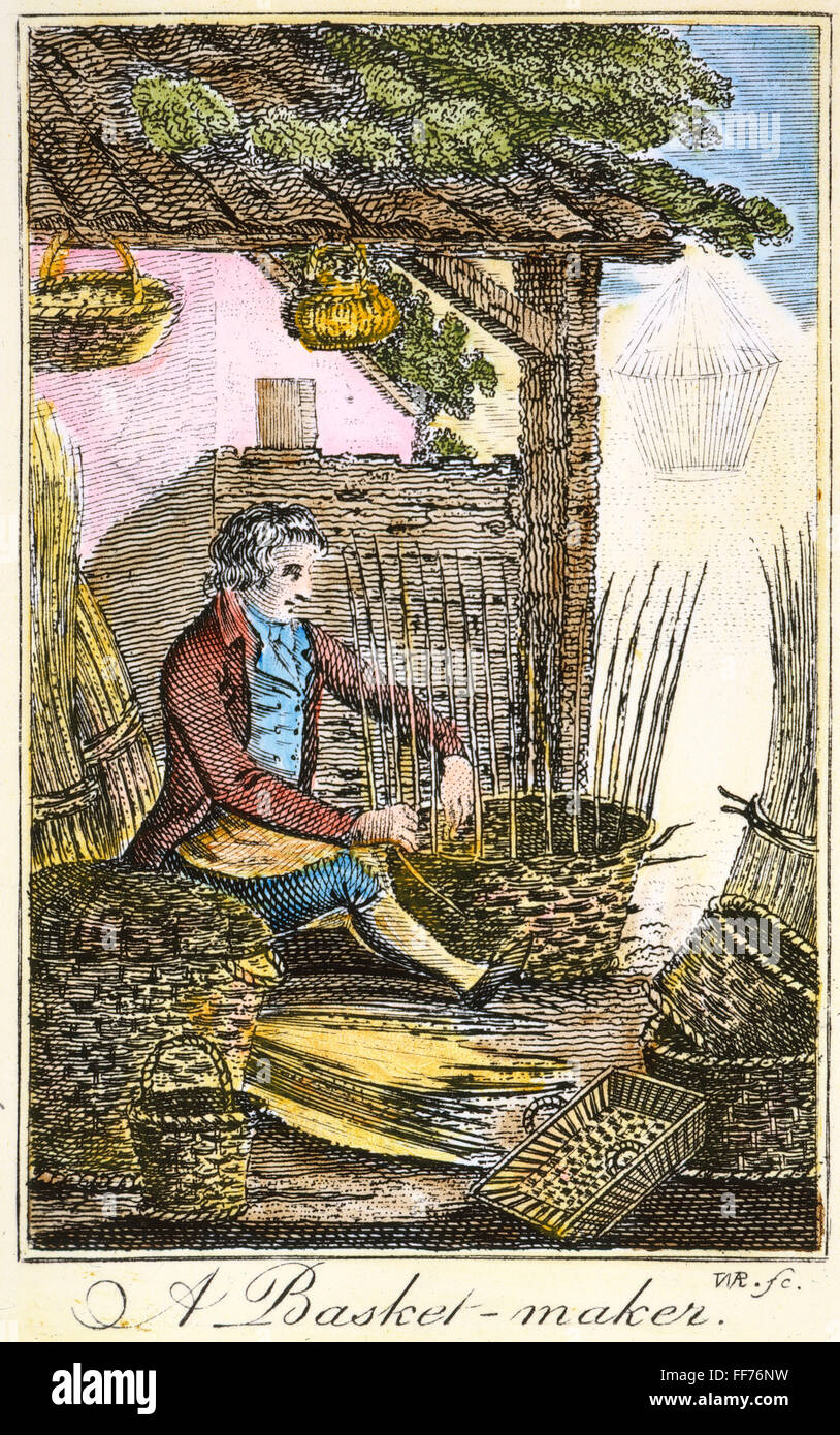COLONIAL BASKETMAKER. /nA colonial American basket maker. Line engraving, late 18th century. Stock Photo