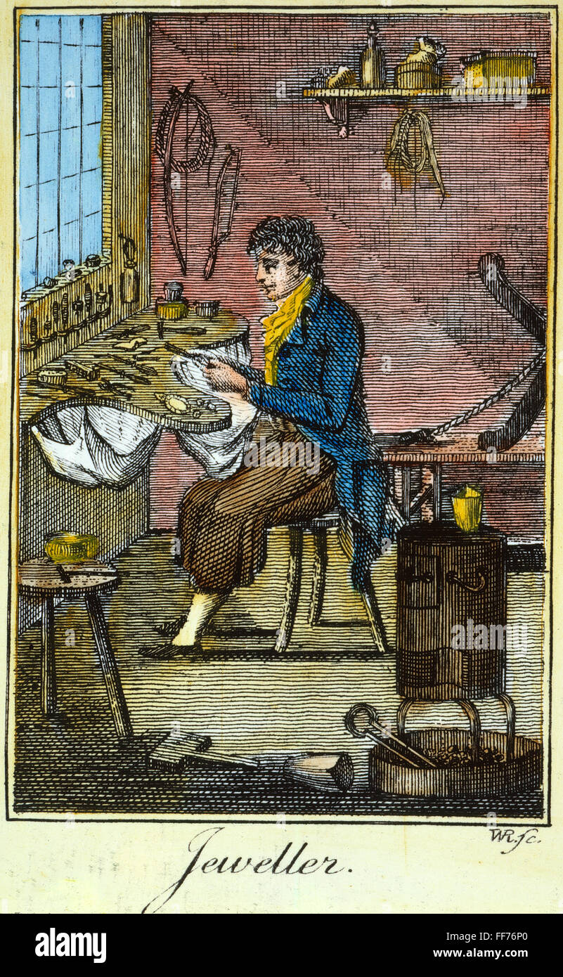 COLONIAL JEWELLER, 18th C. /nA colonial American jeweller: engraving, late 18th century. Stock Photo