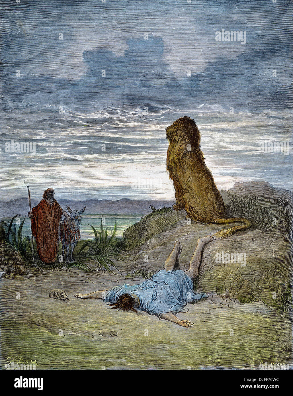 PROPHET AND LION. /nThe disobedient prophet slain by a lion (I Kings 13:24). Line engraving after Gustave DorΘ. Stock Photo