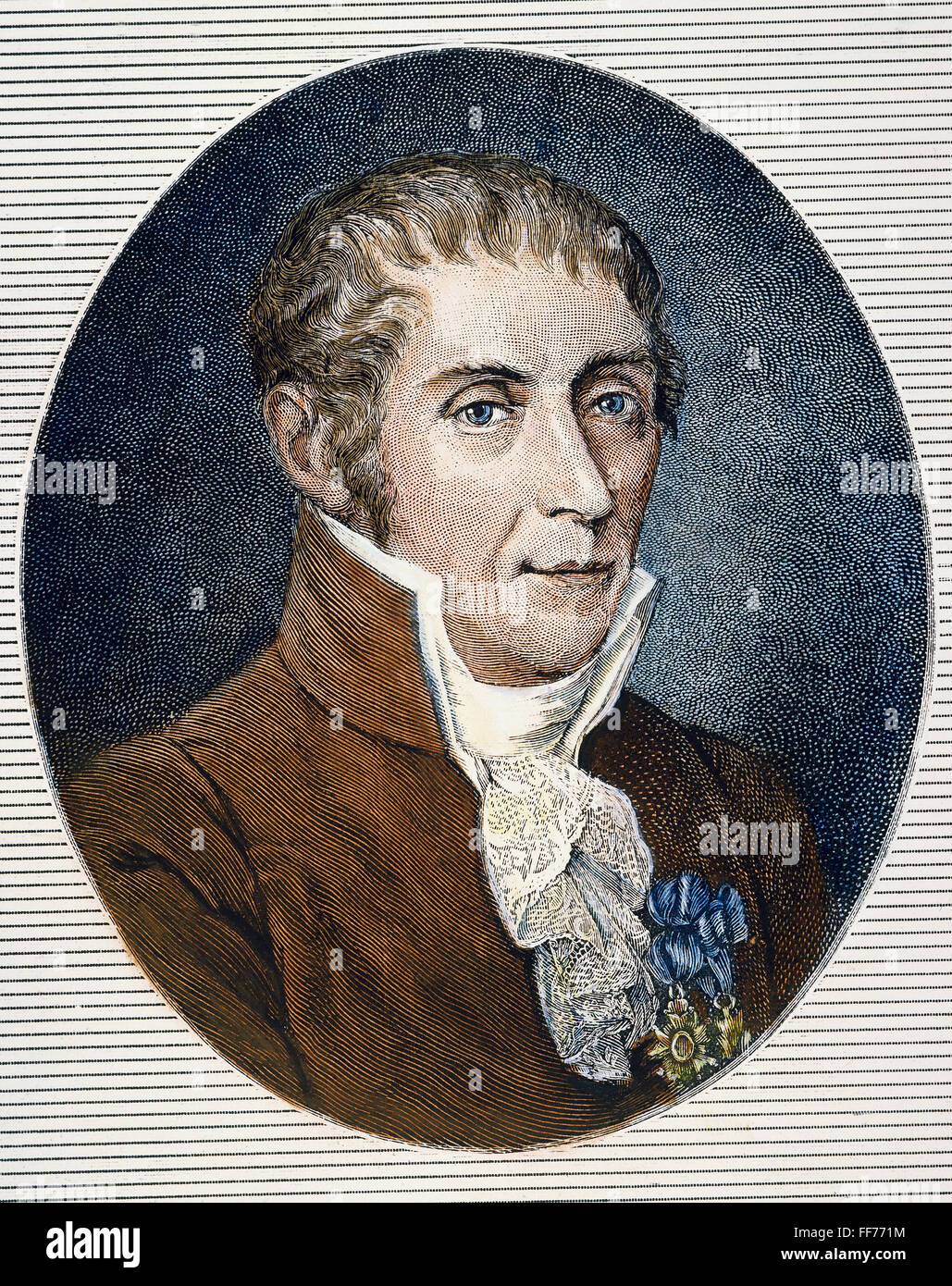 COUNT ALESSANDRO VOLTA /n(1745-1827). Italian physicist. Wood engraving, American, 1892. Stock Photo