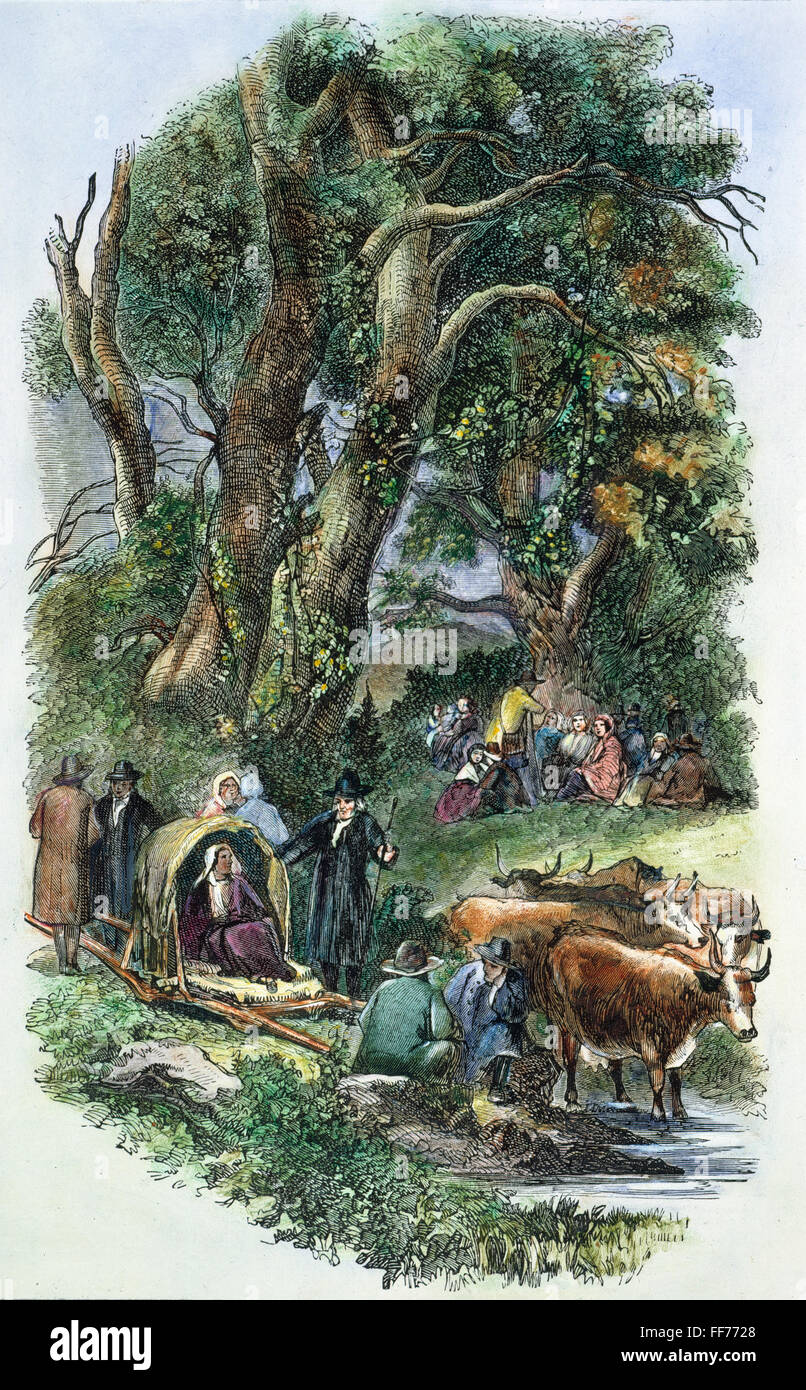 HOOKER & CONGREGATION. /nThomas Hooker and his congregation emigrating to Connecticut in 1636. Wood engraving, 19th century. Stock Photo