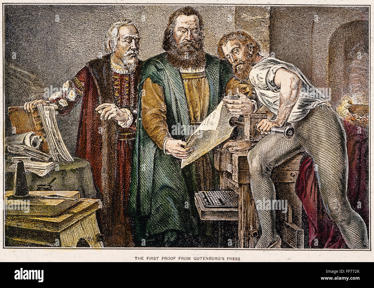 JOHANN GUTENBERG /n(c1395-1468) taking the first proof from his press. Colored engraving, 19th century. Stock Photo