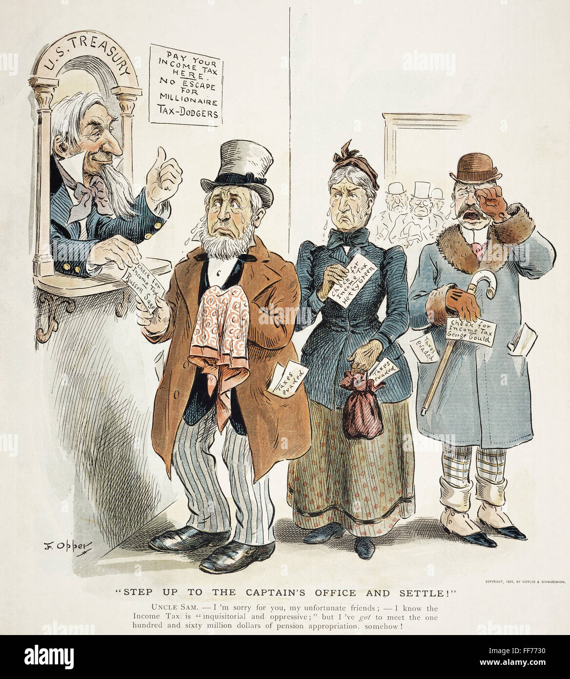 INCOME TAX CARTOON, 1895. /nAmerican millionaire Russell Sage, Hetty Green and George Gould tearfully pay their income taxes in this 1895 cartoon by F.B. Opper. Stock Photo