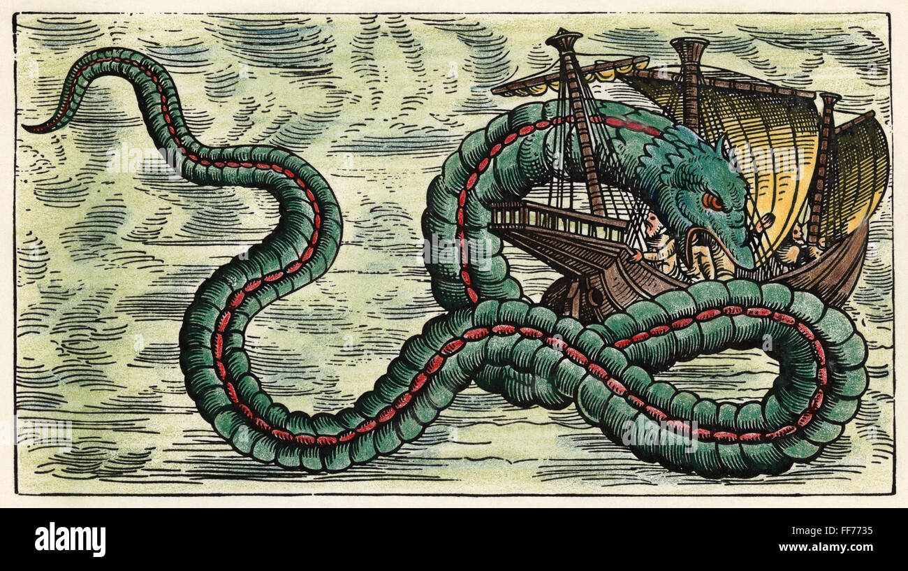 SEA SERPENT, 1555. /nSea serpent in the 'Sea of darkness' to the south and west of Europe. Woodcut from Olaus Magnus' 'Historia de Gentibus Septentrionalibus', 1555. Stock Photo
