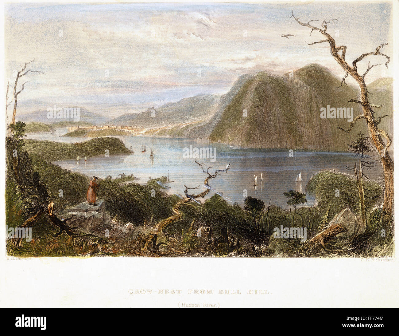 HUDSON RIVER VIEW, 1838. /nView of the Crow-Nest and the Hudson River: steel engraving, 1838, after a drawing by William Henry Bartlett. Stock Photo