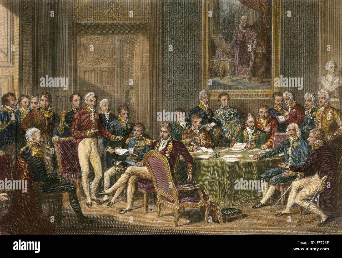CONGRESS OF VIENNA, 1815. /nThe Congress of Vienna, 1815. Arthur Wellesley, Duke of Wellington stands at far left, Prince Klemens von Metternich stands sixth from left, Robert Castlereagh is seated at center, and Prince Charles Talleyrand is seated second Stock Photo