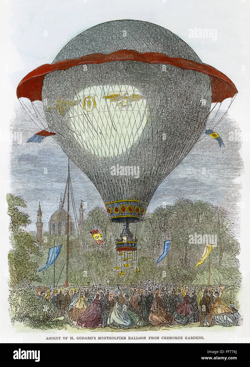 MONTGOLFIER BALLOON, 1864. /nAscent of M. Godard's Montgolfier Balloon from Cremorne Gardens. Wood engraving from an English Newspaper, 1864. Stock Photo