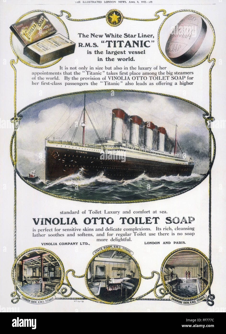 TITANIC: SOAP AD, 1912. /nThe White Star liner 'Titanic' used in an advertisement in an English newspaper for Vinolia Otto toilet soap, shortly before the liner sank into the Atlantic Ocean, 1912. Stock Photo