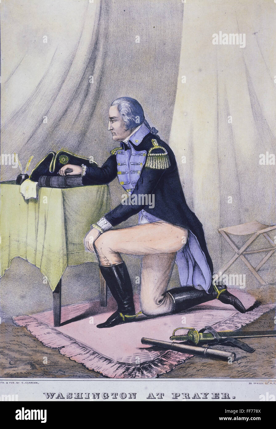 WASHINGTON'S PRAYER, 1777. /nGeorge Washington at prayer at Valley Forge. Lithograph by Charles Currier. Stock Photo