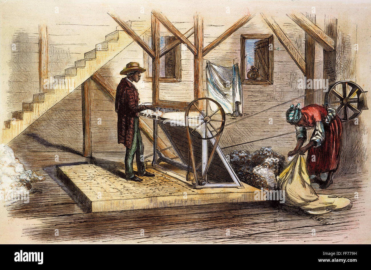 COTTON GIN, 1871. /nCotton gin on a plantation in the American South: colored engraving, 1871. Stock Photo