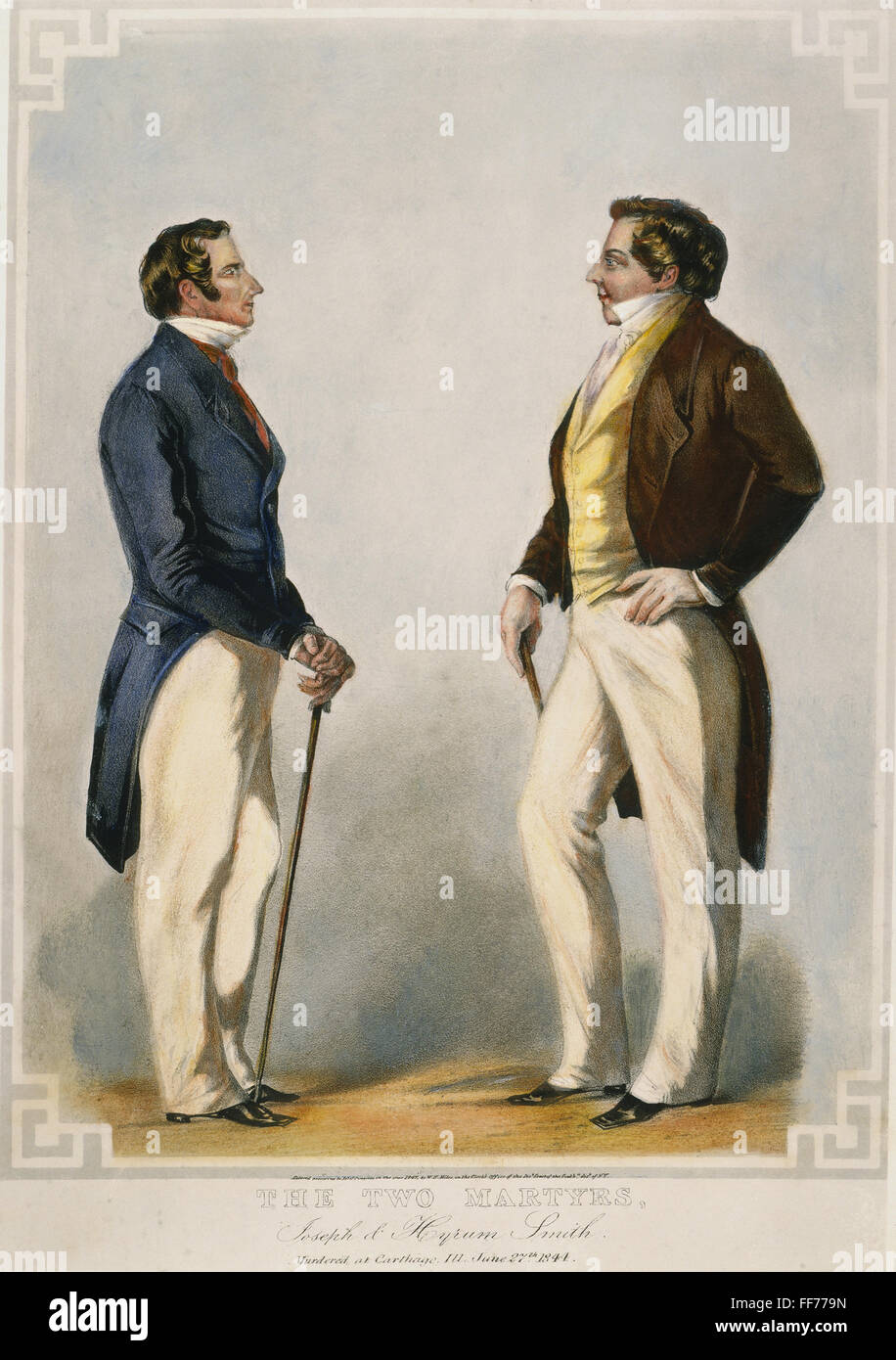 JOSEPH & HYRUM SMITH. /nThe two martyrs, Joseph Smith (1805-1844), right, and his brother Hyrum (1800-1844): American lithograph, 1847. Stock Photo