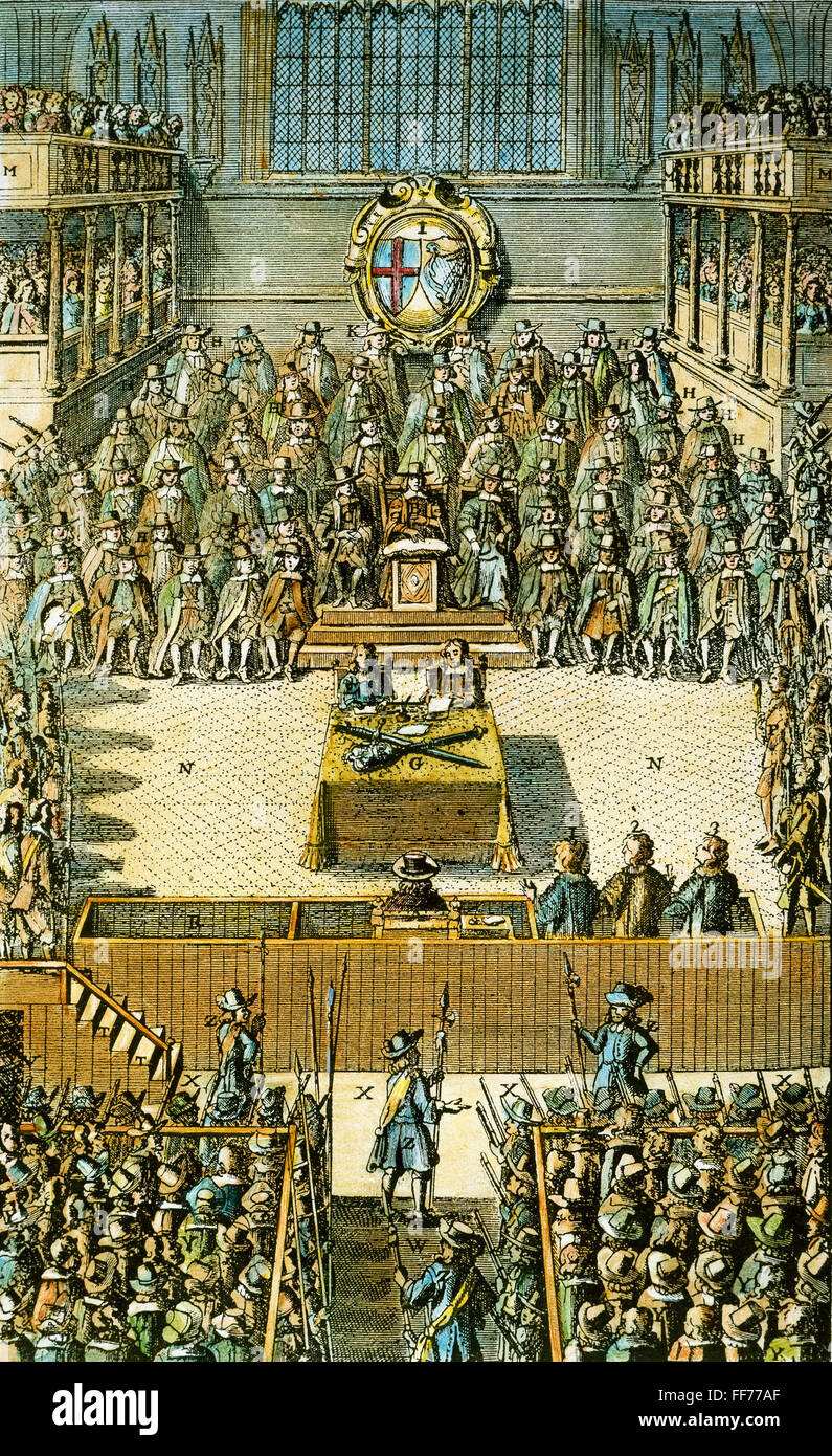 CHARLES I ON TRIAL. /nKing Charles I of England (seated alone just before center) on trial before a specially constituted high court of justice in Westminster Hall on 20 January 1649. Colored English engraving, 1684. Stock Photo