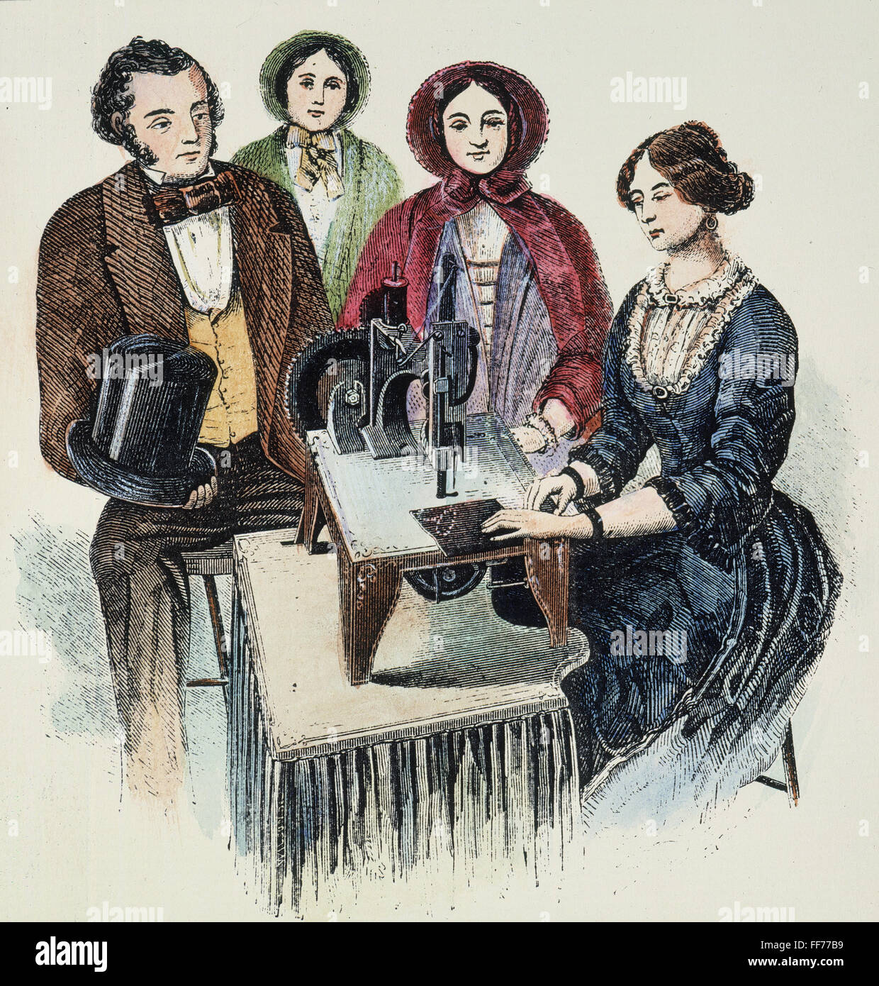 SINGER SEWING MACHINE, 1853. /nIsaac M. Singer supervising a demonstration of his perpendicular-action sewing machine at his office at 323 Broadway, New York City. Line engraving, c1853. Stock Photo