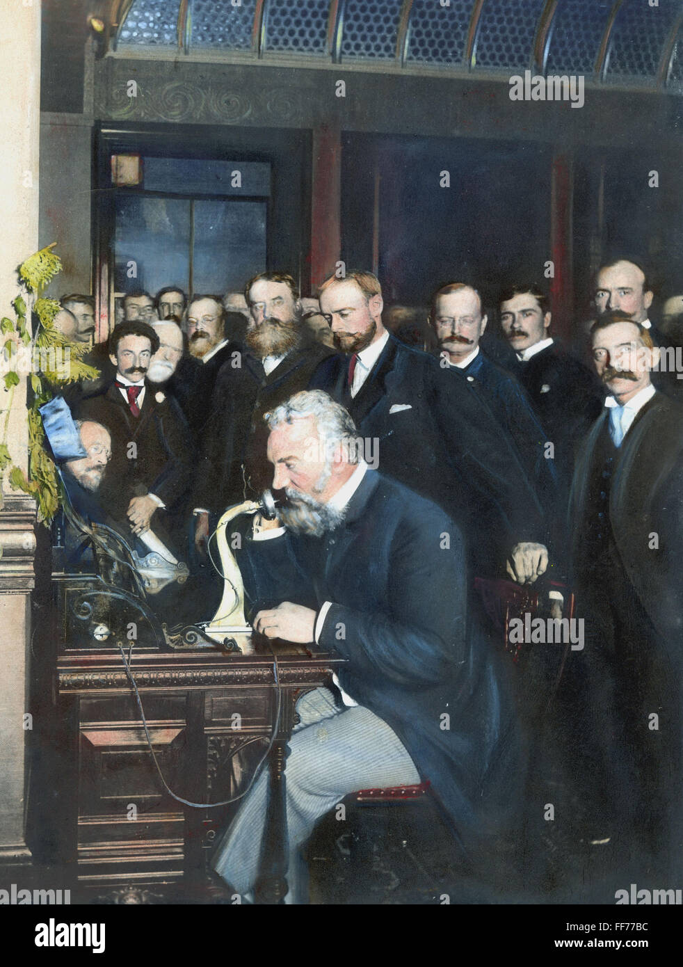 ALEXANDER GRAHAM BELL /n(1847-1922). American (Scottish-born) teacher and inventor. Bell at the New York end of the first long-distance telephone call to Chicago, 18 October 1892. Oil over a photograph. Stock Photo