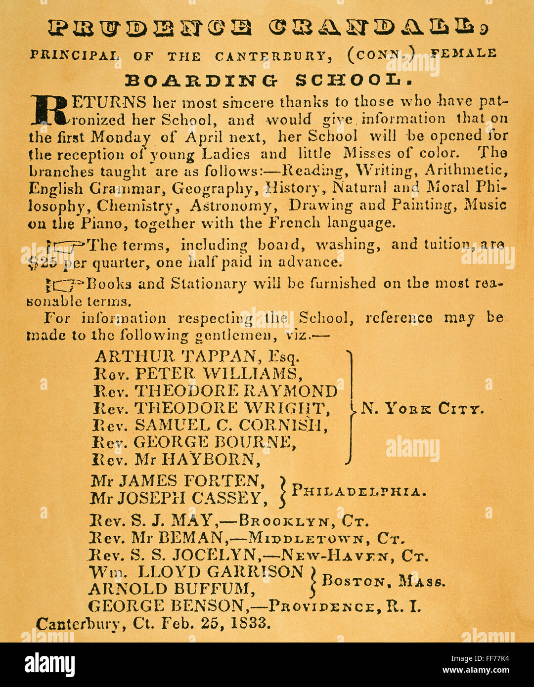 LIBERATOR: CRANDALL'S AD. /nPrudence Crandall's advertisement in 'The Liberator,' 1833, announcing the opening of her school in Canterbury, Connecticut, to 'young Ladies and little Misses of color' and offering the names of leading abolitionists as refere Stock Photo