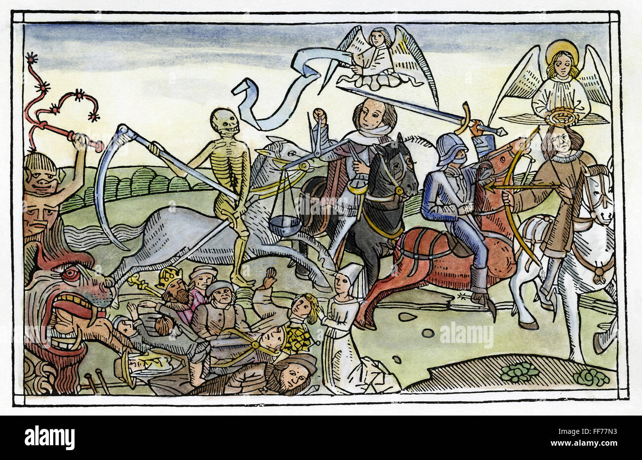 FOUR HORSEMEN./nThe Four Horsemen of the Apocalypse. Color woodcut from the Cologne Bible, 1479. Stock Photo