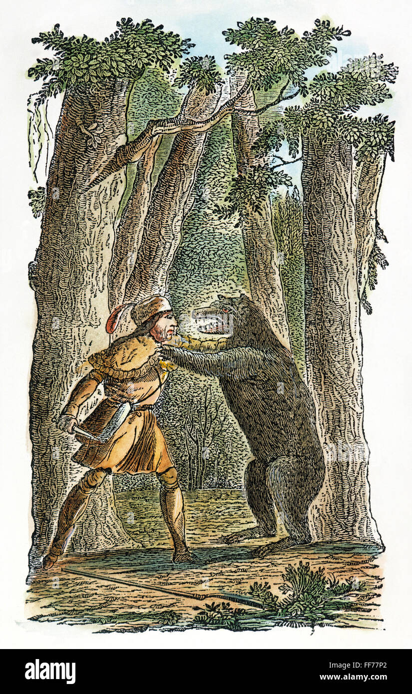 DANIEL BOONE (1734-1820). /nAmerican frontiersman. Daniel Boone encounters and kills a bear in 1770. Color engraving, 1840. Stock Photo