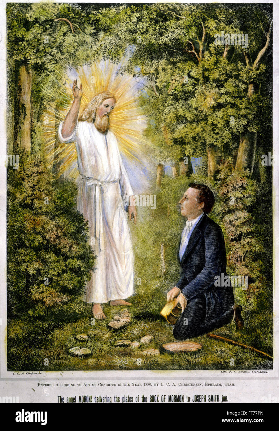 MORONI AND JOSEPH SMITH. /nThe angel Moroni delivering the plates of the Book of Mormon to Joseph Smith in western New York, 1827. Lithograph, 1886. Stock Photo