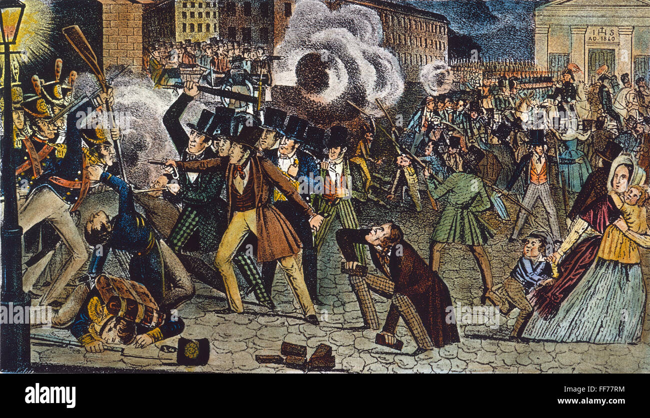 ANTI-CATHOLIC MOB, 1844. /nAn anti-Catholic 'Native American' mob, wearing tall beaver hats, battling the state militia in Philadelphia in 1844. Contemporary lithograph. Stock Photo