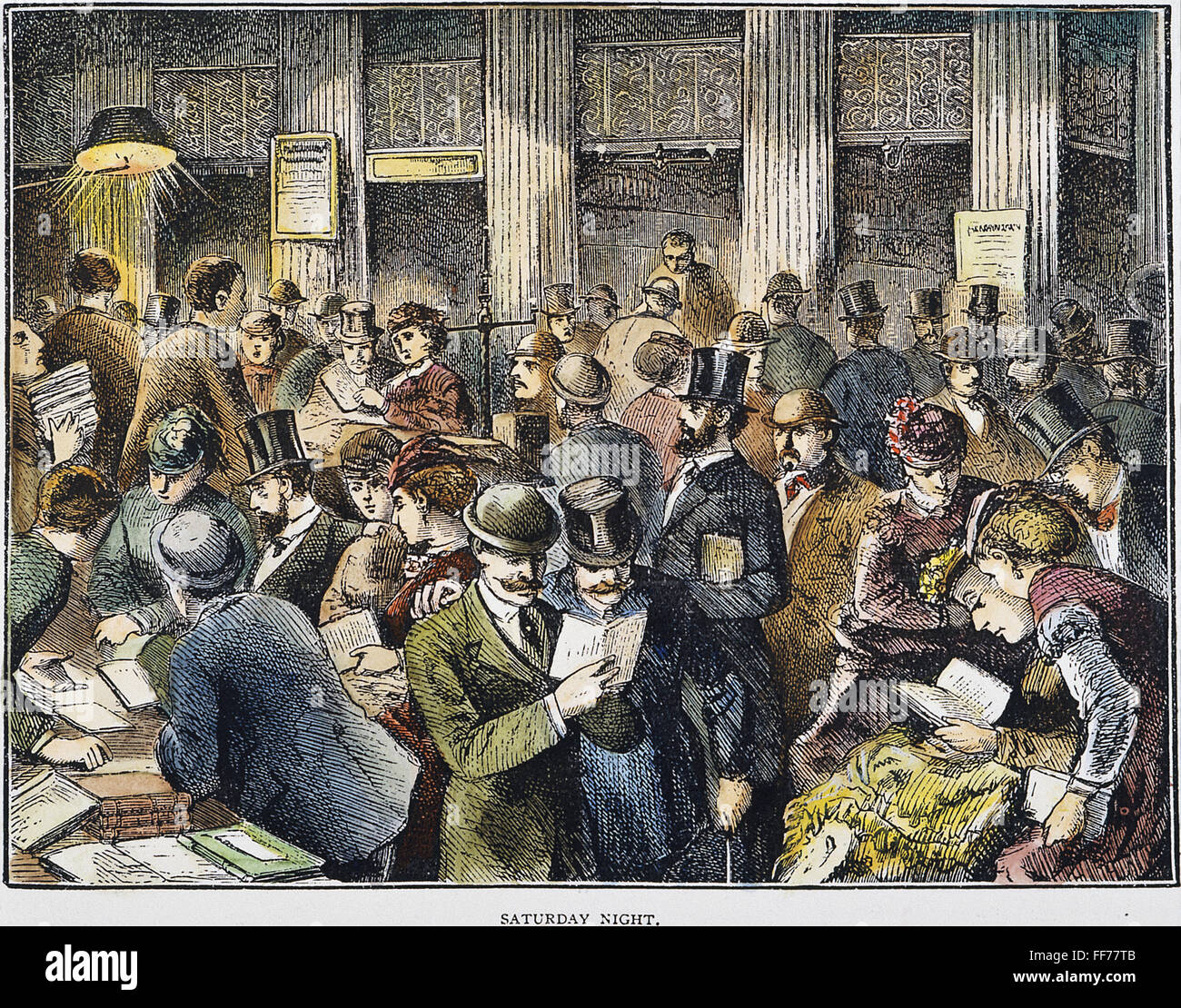 NYC: MERCANTILE LIBRARY. /nSaturday night in the New York Mercantile Library in 1871. Wood engraving. Stock Photo