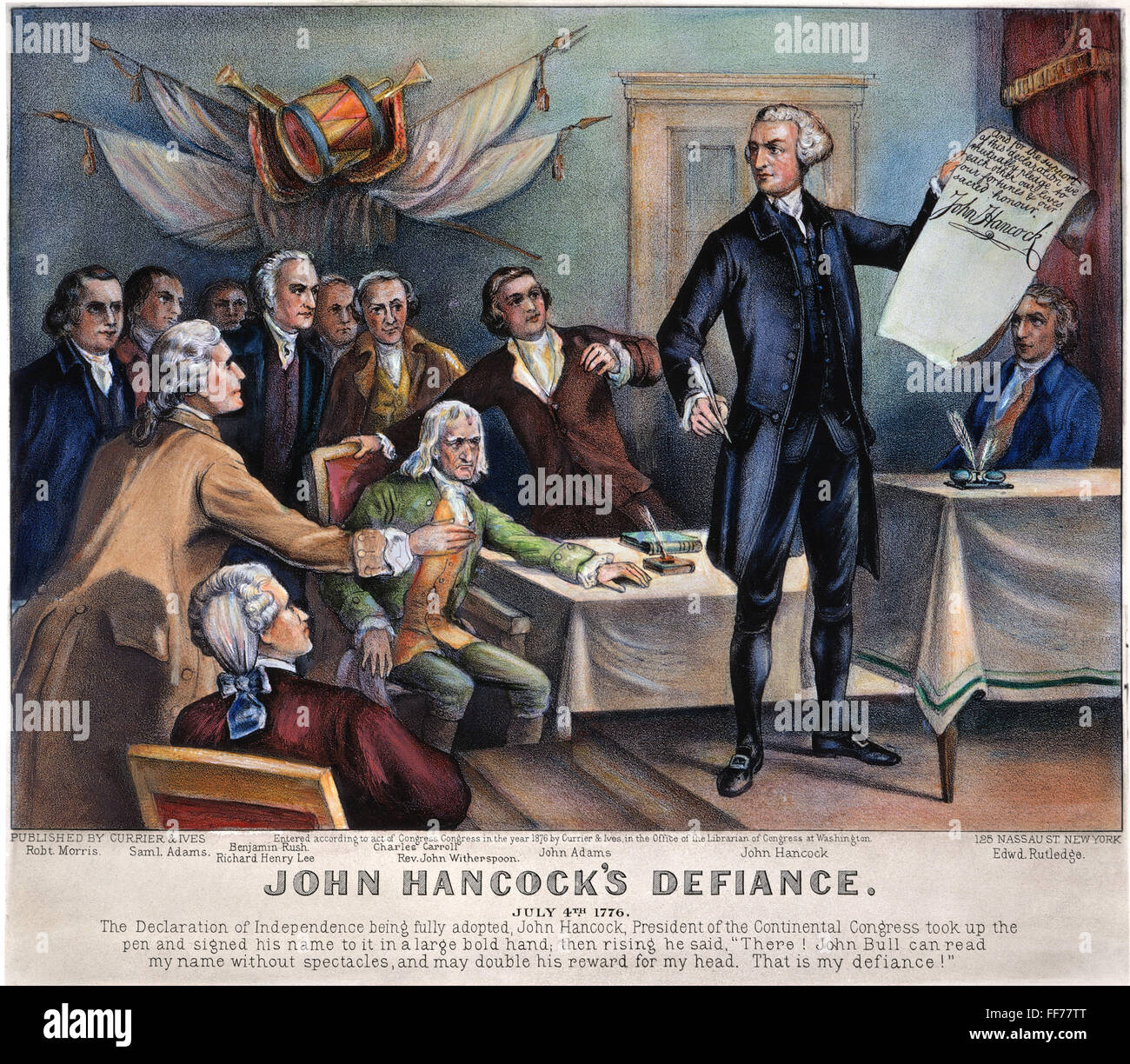 DECLARATION OF INDEPENDENCE. /n'John Hancock's Defiance.' Lithograph, 1876, by Currier & Ives. Stock Photo
