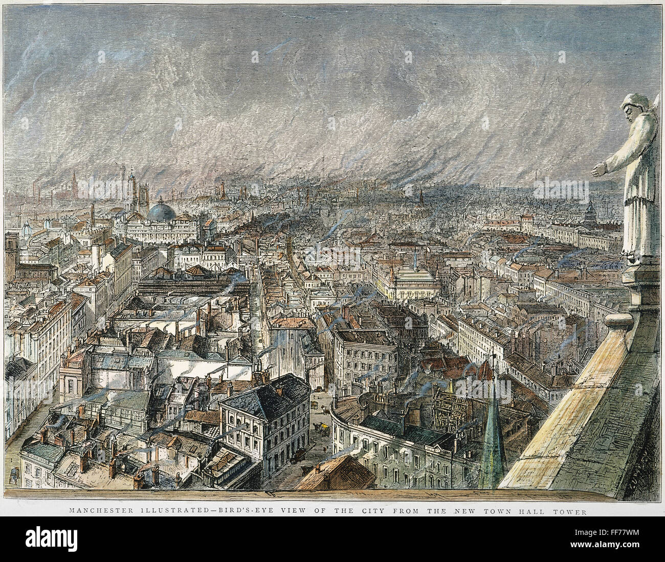 MANCHESTER, ENGLAND, 1876. /nA bird's-eye view of the city of Manchester, England, during the Industrial Revolution: English engraving, 1876. Stock Photo