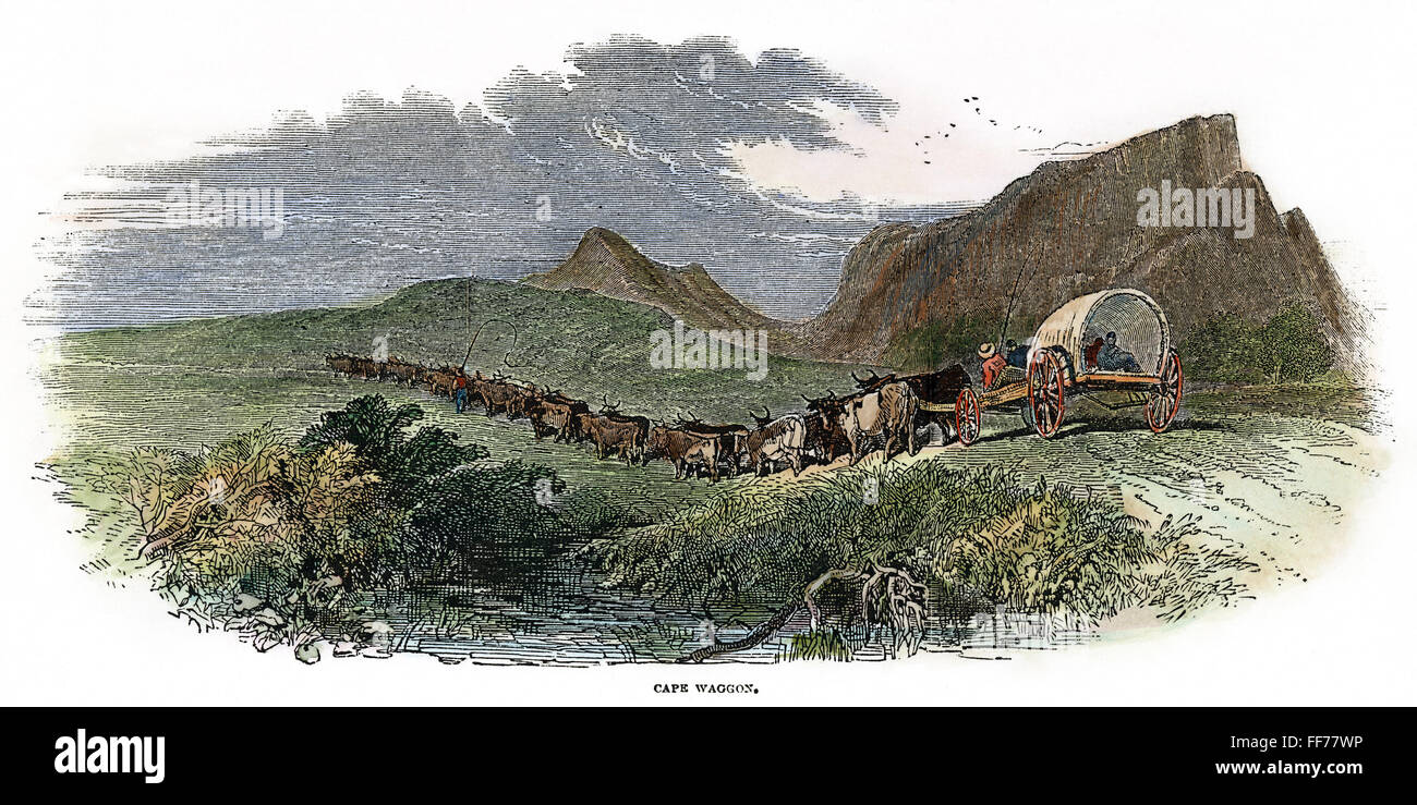 SOUTH AFRICA: GREAT TREK. /nVoortrekkers making the Great Trek from the Cape Colony to Natal between 1835 and 1843. Wood engraving, 1850. Stock Photo