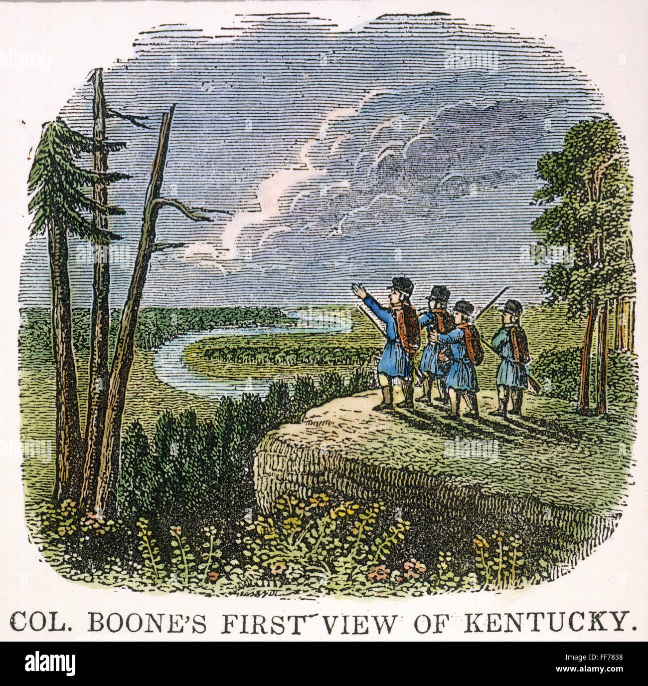 DANIEL BOONE (1734-1820). /nAmerican frontiersman. Boone's first view of Kentucky in 1769. Wood engraving, American, c1850. Stock Photo