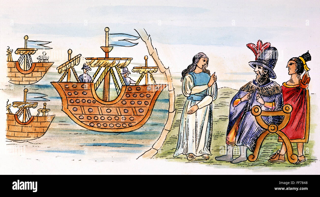 SPANISH CONQUEST. /nDona Marina (left) interpreting during the meeting between Hernando Cortes and an envoy of Montezuma II, shortly after Cortes' arrival, November 8, 1519, in Tenochtitlan; his fleet, far left, is shown docked on the coast: contemporary Stock Photo