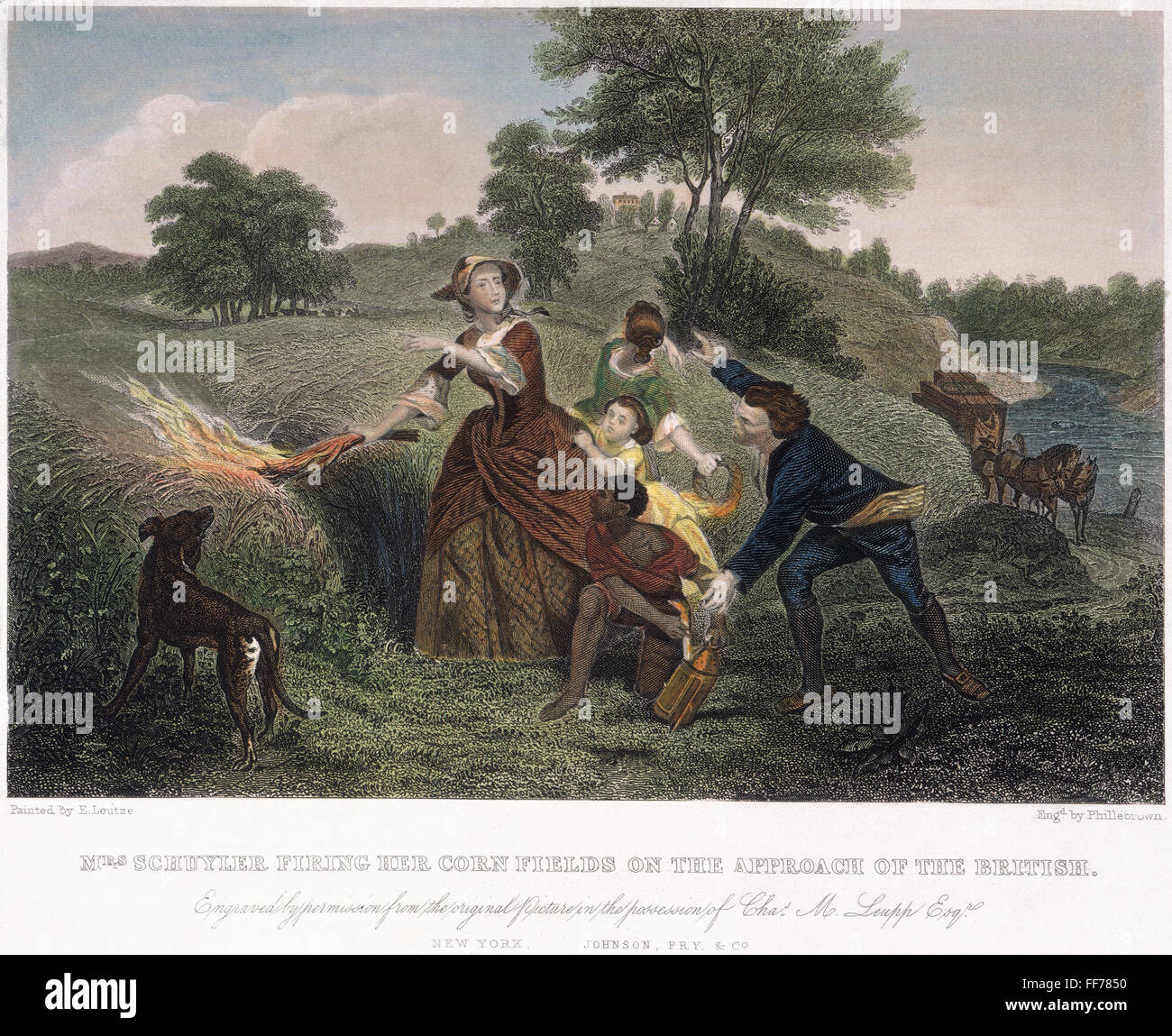 MRS. PHILIP SCHUYLER, 1777. /nWife of the American Revolutionary general, firing her cornfields near Saratoga, New York, at the approach of British forces under General John Burgoyne in 1777. Stock Photo