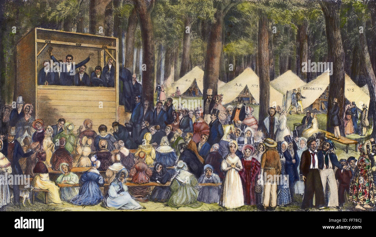 METHODIST CAMP MEETING. /nAmerican lithograph, 1837. Stock Photo