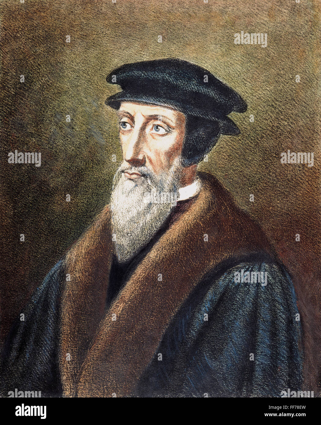 JOHN CALVIN (1509-1564). /nFrench theologian and reformer. Colored lithograph, 19th century. Stock Photo