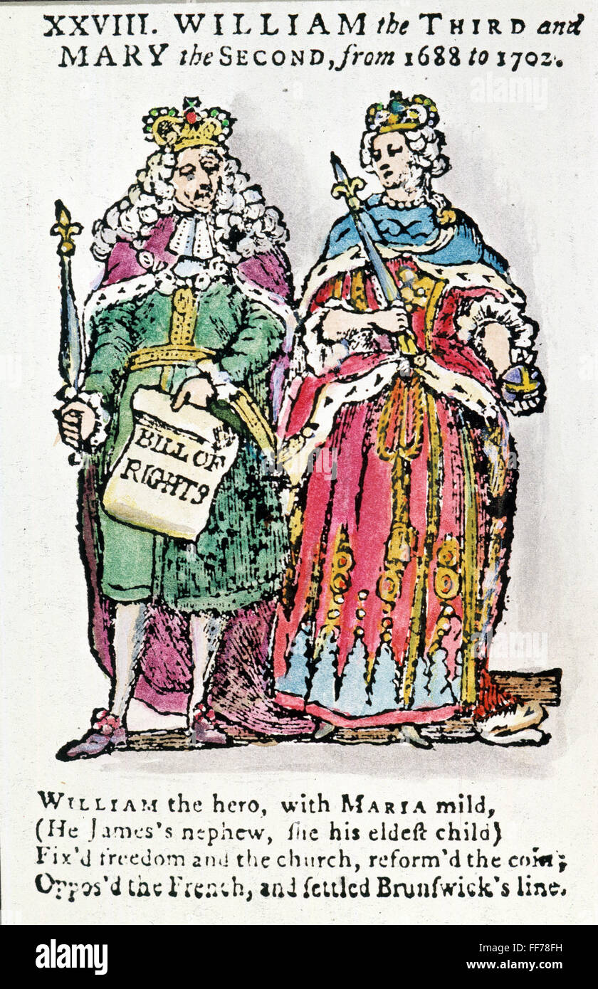WILLIAM III & QUEEN MARY. /nKing William III, holding the Bill (Declaration) of Rights in his hand, and Queen Mary II of England. Woodcut from an 18th century English children's history of England. Stock Photo