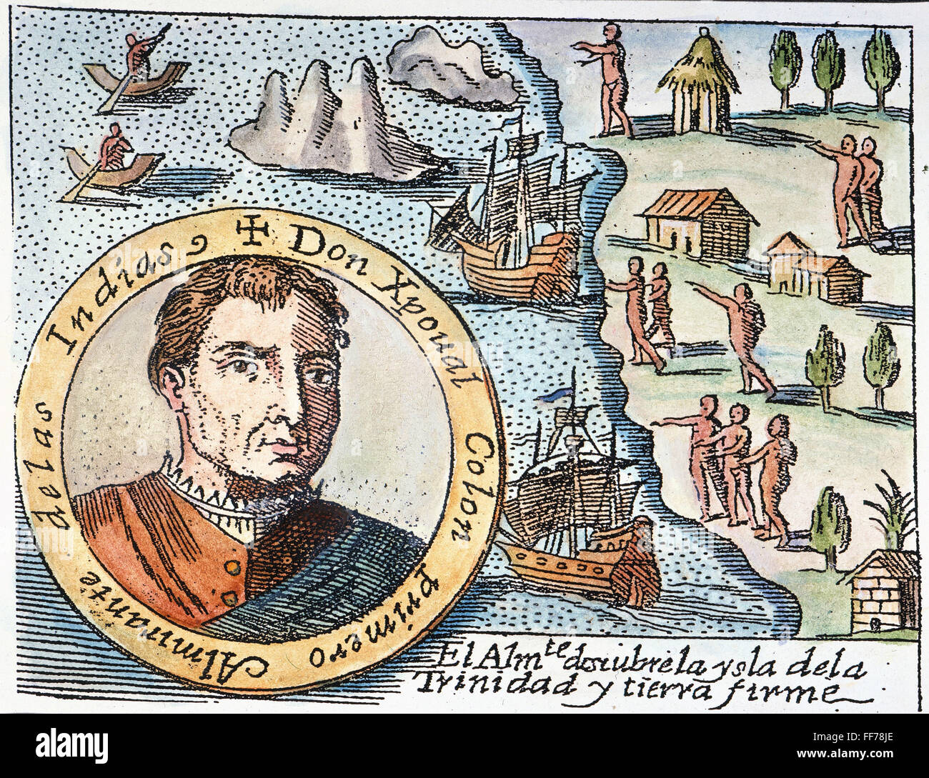 COLUMBUS: TRINIDAD, 1498. /nChristopher Columbus and his men discovering the three-peaked island of Trinidad (top left) in 1498: Spanish engraving, 1730. Stock Photo