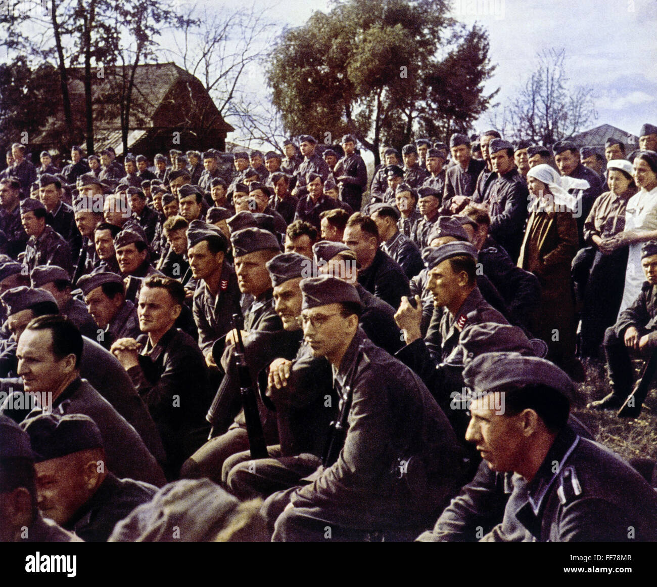 events, Second World War / WWII, back area, troop entertainment, German soldiers watching the performance of a front theatre, Eastern Front, circa 1942, Additional-Rights-Clearences-Not Available Stock Photo