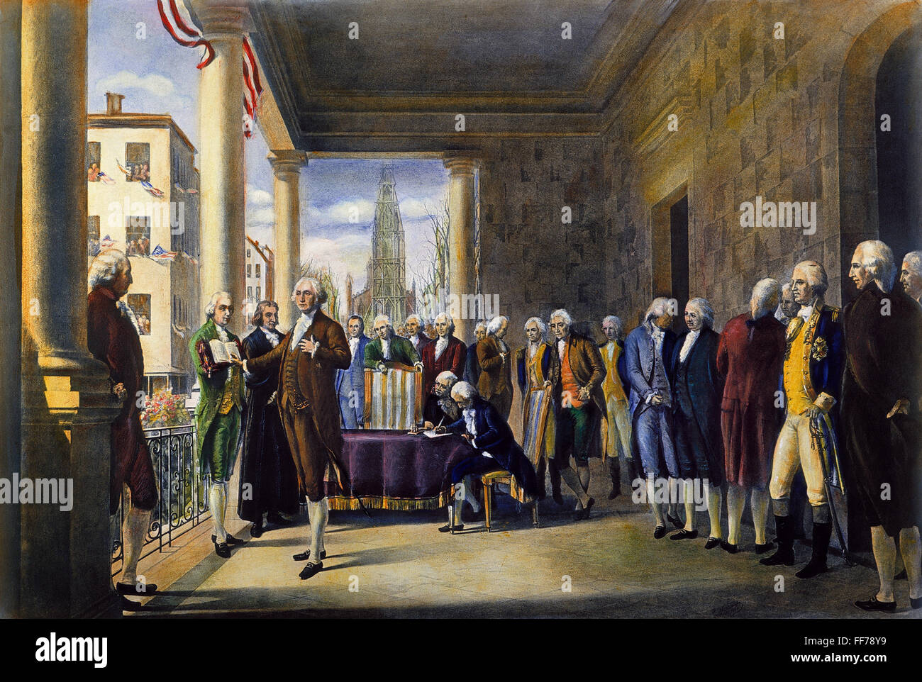 WASHINGTON: INAUGURATION. /nThe inauguration of George Washington as the first President of the United States at Federal Hall, New York City, 30 April 1789. After a painting, 1889, by Ramon de Elorriaga. Stock Photo