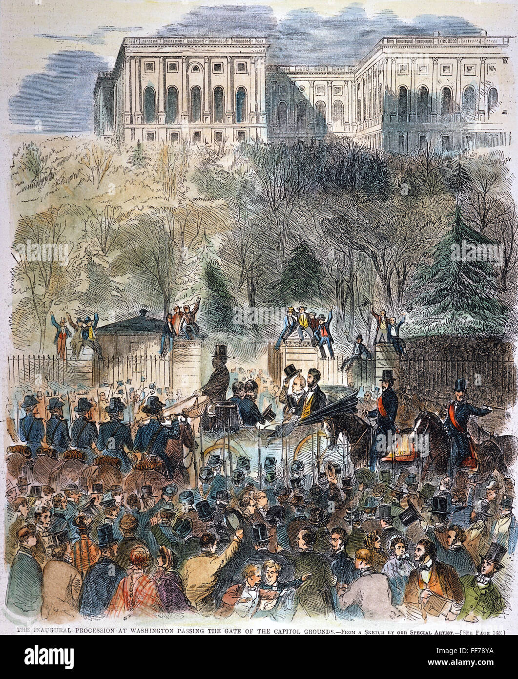 LINCOLN INAUGURATION. /nAbraham Lincoln arriving at the Capitol, in an open carriage with outgoing President James Buchanan, for his inauguration as 16th President of the United States on 4 March 1861. Color engraving, 1861. Stock Photo