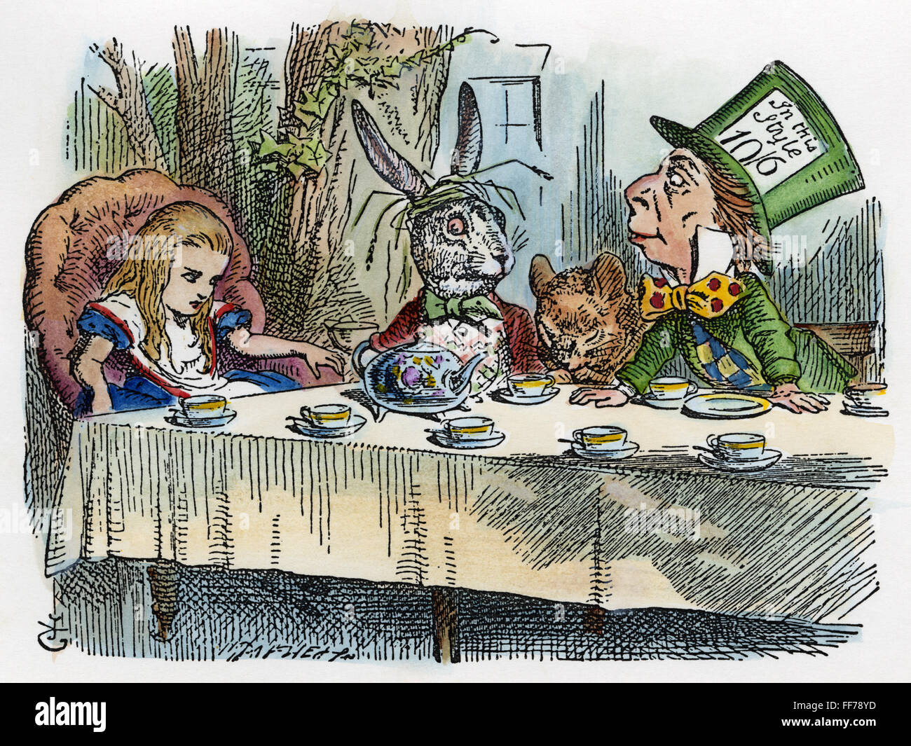 ALICE'S MAD-TEA PARTY, 1865. /nAlice joins the March Hare, the Hatter, and the Dormouse for a Mad-Tea Party. Wood engraving after the design by Sir John Tenniel for the first edition of Lewis Carroll's Alice adventures in Wonderland, 1865. Stock Photo