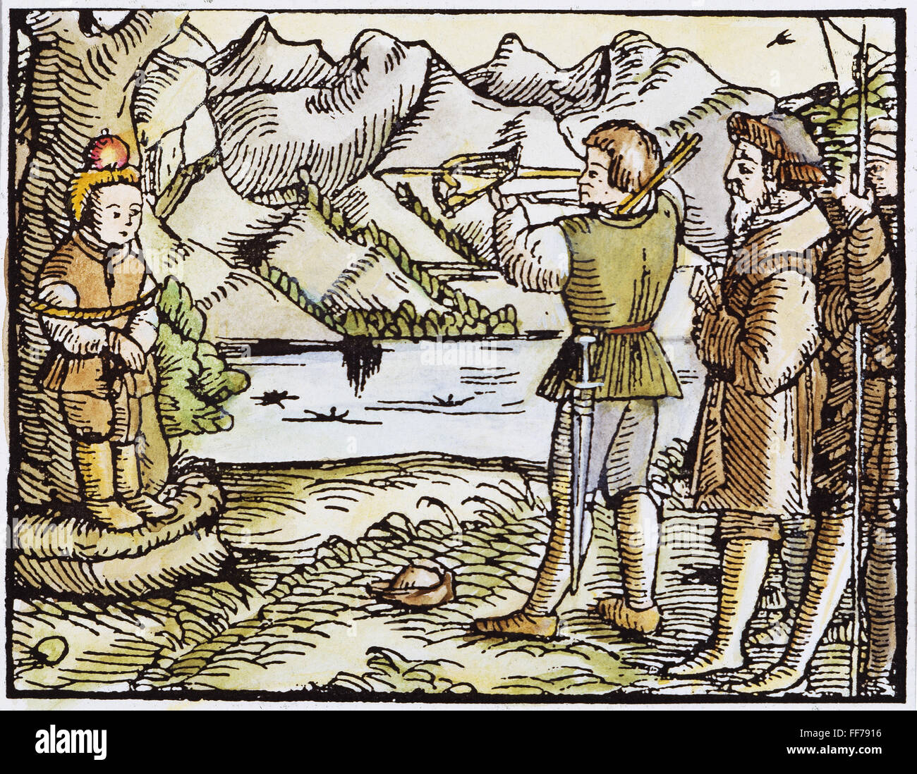 WILLIAM TELL. /nWilliam Tell and the apple-shoot. Woodcut from the printed edition of Jakob Ruff's version of the Canton of Uri folk play, Von dem frommen und ersten Eydgnossen Wilhelm Thellen, first acted by the townspeople of Zurich on New Year's Day, 1 Stock Photo