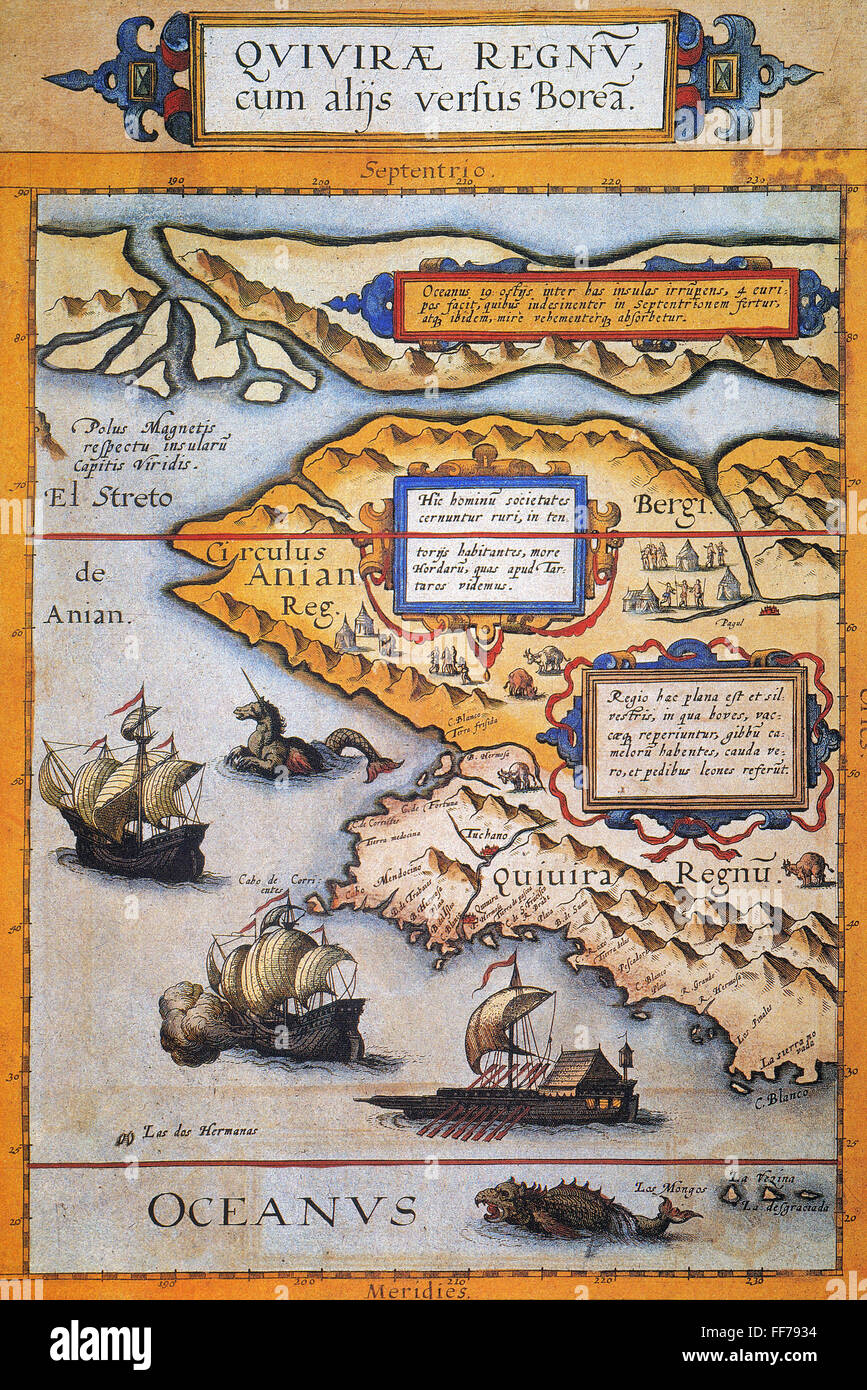 BERING STRAIT MAP, 1593. /nCornelis de Jode's 1593 map of Western North America showing the fabled province of Quivira in California and the Bering Strait (El Streto de Anian); depicted also are two sea monsters, two European sailing ships, and a large Or Stock Photo