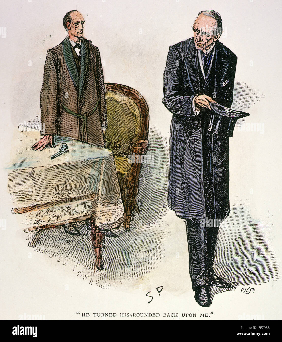 DOYLE: SHERLOCK HOLMES. /nSherlock Holmes (left) concludes an interview with the 'Napoleon of crime', Professor Moriarty. Wood engraving after a drawing by Sidney Paget for Sir Arthur Conan Doyle's 'The Adventure of the Final Problem,' 1893. Stock Photo