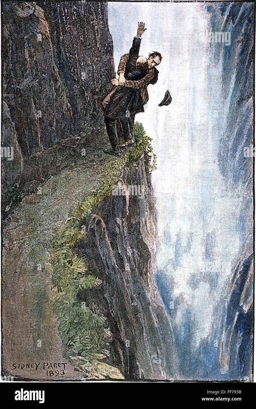 DOYLE: SHERLOCK HOLMES. /nSherlock Holmes and Professor Moriarty locked in mortal combat at the Reichenbach Falls. Wood engraving after a drawing by Sidney Paget for Sir Arthur Conan Doyle's 'The Adventure of the Final Problem,' 1893. Stock Photo