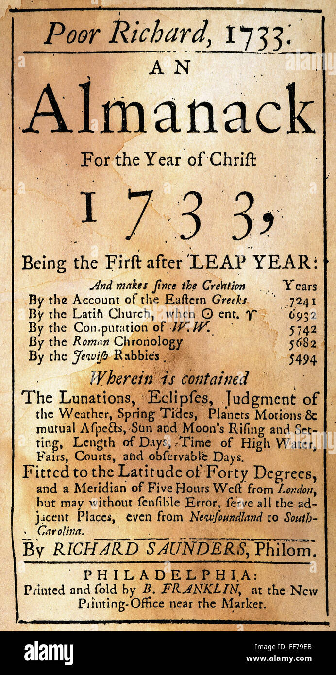 POOR RICHARD'S ALMANACK. /nTitle-page of the first edition of Benjamin Franklin's Almanack, 1733. Stock Photo