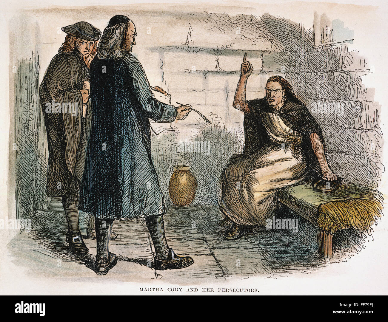 MARTHA COREY. /nThe accused 'witch' with her persecutors in her cell at Salem, Massachusetts, in 1692. American engraving, 19th century. Stock Photo