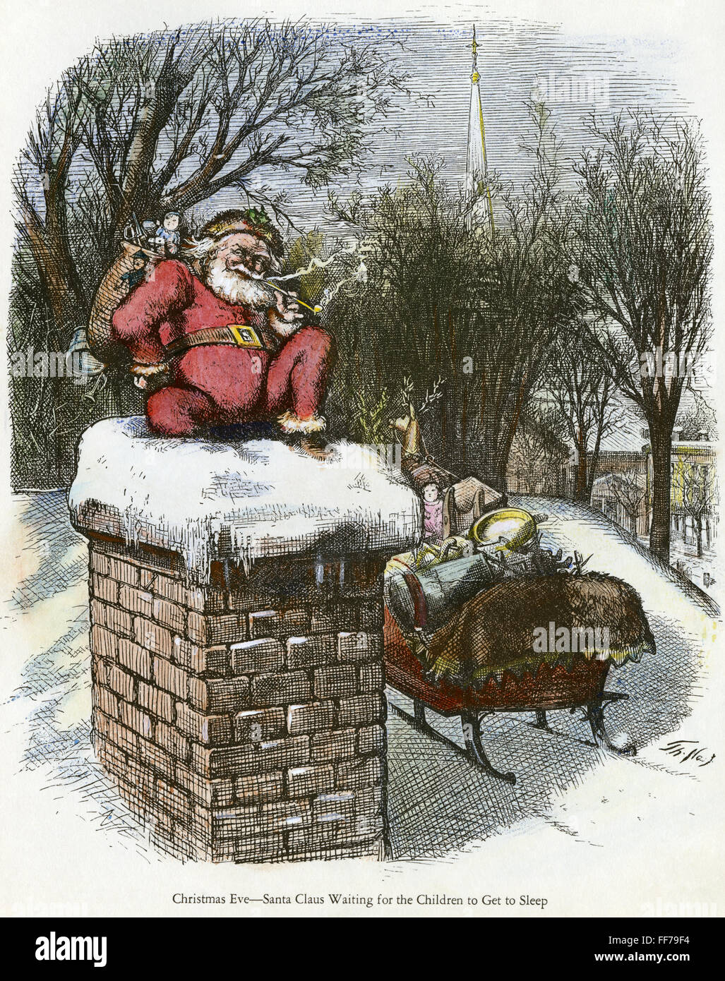 THOMAS NAST: SANTA CLAUS. /n'Christmas Eve--Santa Claus Waiting for the Children to Get to Sleep.' Color engraving by Thomas Nast. Stock Photo