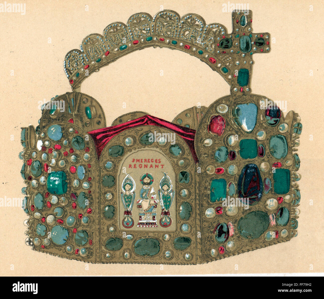 crowns / crown jewels,Holy Roman Empire,imperial crown of the kings and emperors,second half 10th century,chromolithograph,treasury,Hofburg Palace,Vienna,10th century,Middle Ages,medieval,mediaeval,Holy Roman Empire,Imperial Regalia,crown imperial,imperial crowns,hoop crown,crown jewels,gold,gemstone,gem,gems,gemstones,precious stone,precious stones,jewel,jewels,jewellery,jeweled,jeweling,enamel,cross,crosses,religion,religions,Christianity,Jesus Christ,reign,symbol,symbols,crown,crowns,king,kings,emperor,emperors,c,Additional-Rights-Clearences-Not Available Stock Photo