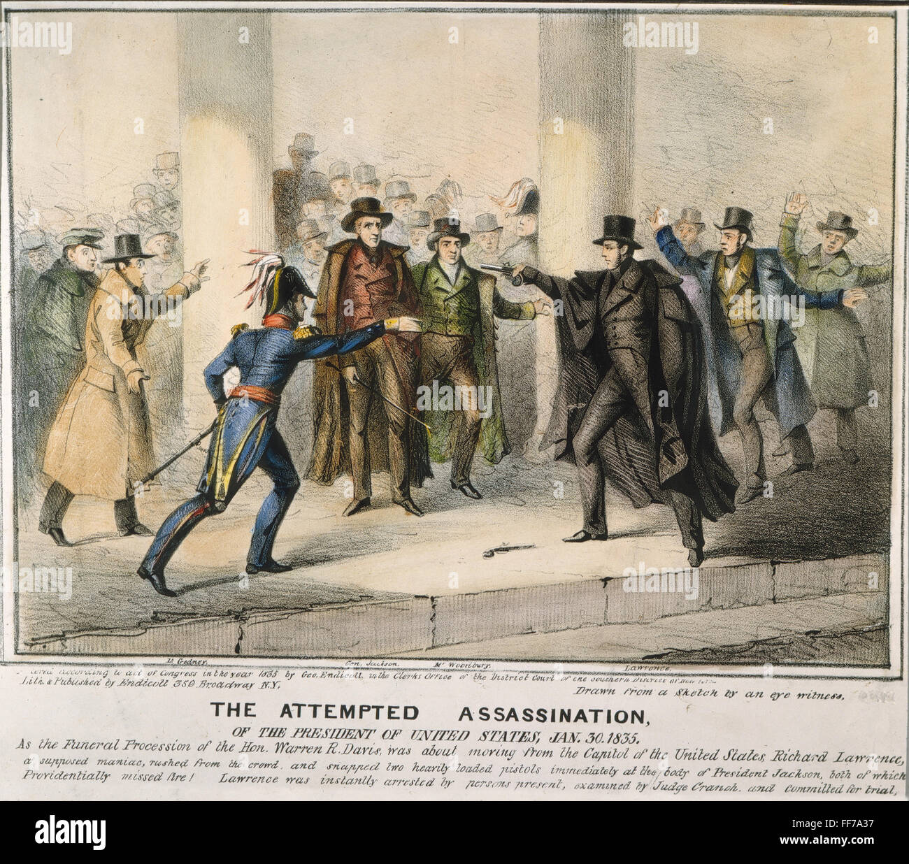 ANDREW JACKSON (1767-1845). /nSeventh President of the United States. The attempted assassination of President Andrew Jackson by Richard Lawrence on the steps of the Capitol building at Washington D.C., 30 January 1835. Contemporary lithograph. Stock Photo