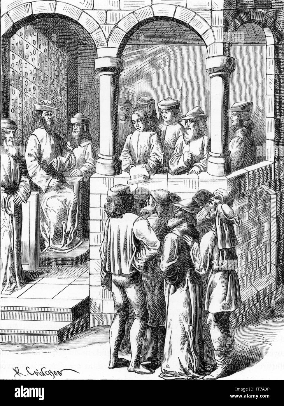 justice, proclamations / citizen's oath, announcement of a decree, after miniature, from: 'Anciennetes des Juifs, 15th century, wood engraving by Coinchon, 19th century, Additional-Rights-Clearences-Not Available Stock Photo